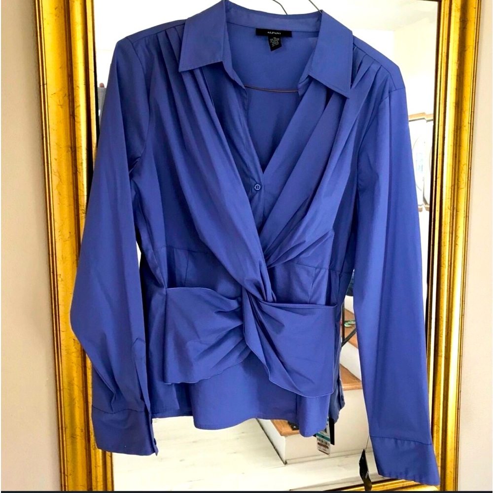 Twist Front Alfani Cotton Blue Purple Blouse Knot Front Bottom side Zip 16